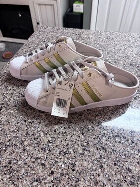 adidas Superstar Slip-On Mule - White with Olive and Gold Accents
